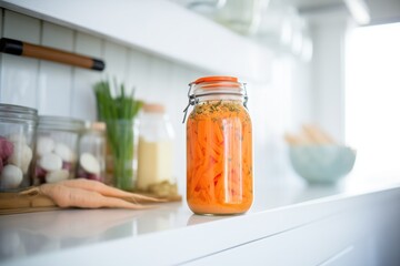 a jar of carrot and ginger ferment in a refrigerator door shelf