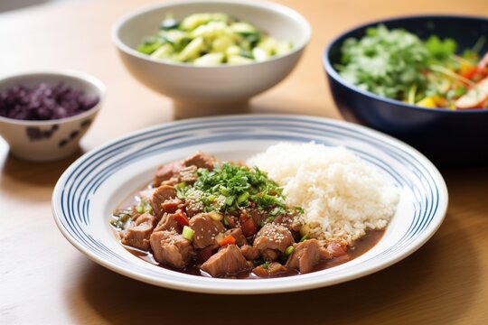 plated feijoada with slices of pork, visible bean stew