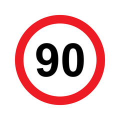 Speed limit sign vector illustration. 90 km icon. Abstract street traffic pictogram. Isolated road signal of circle shape, signboard with black number of maximum speed of cars on highway - obrazy, fototapety, plakaty
