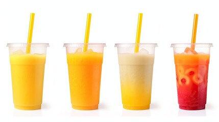 Plastic cups with tasty smoothies,Set of fruit smoothies juice drinks in plastic cups isolated on transparent background