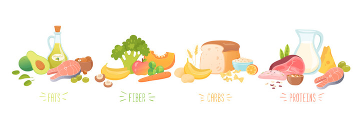 Set of food macronutrients vector illustration. Protein, carbohydrate, fat, fiber in different products. Four categories of food. Nutrient complex diet of organic natural products. Healthy lifestyle