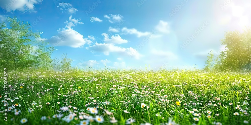 Wall mural green spring meadow with nature field grass in summer under sunny sky sun shining on flowers garden 