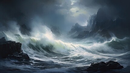 Tumultuous sea, crashing, rugged cliffs, dramatic vista, relentless power, wild beauty, nature. Generated by AI.