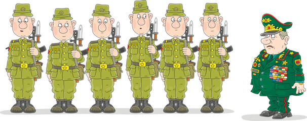 Angry general with orders and medals on his uniform and line of young soldiers and sergeants with weapons standing straight in a rank on an army parade ground, vector cartoon illustration on white