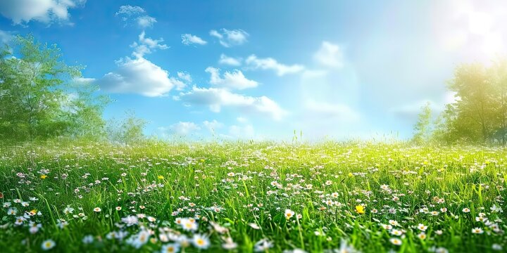 Green spring meadow with nature field grass in summer under sunny sky sun shining on flowers garden landscape fresh day floral daisy and blue outdoor herb light bright chamomile park rural cloud