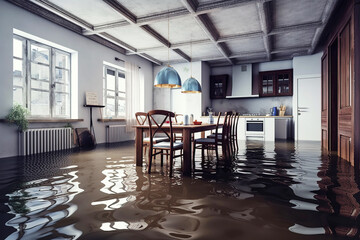 Ecological disaster destructive flood in residential private house in room.