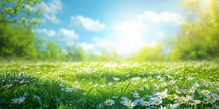Green spring meadow with nature field grass in summer under sunny sky sun shining on flowers garden landscape fresh day floral daisy and blue outdoor herb light bright chamomile park rural cloud