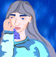 Ilustracja portret młoda kobieta zapłakana dziewczynka  z chusteczką w dłoni na tle kropli deszczu. - obrazy, fototapety, plakaty