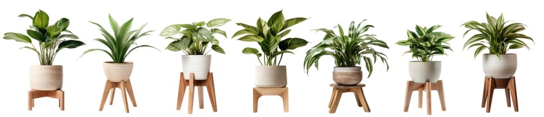 Set of indoor plants in pots on wooden stools, cut out - obrazy, fototapety, plakaty