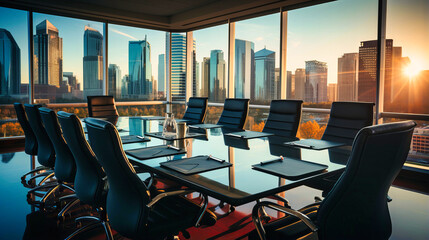 Business Meeting Room with Modern Office Interior, City View, and Contemporary Design