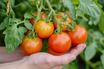 Tomatoes growing on the farm outdoors. Tomatoes lying on a pile on top of each other, tomato texture. Selective focus. Close up of cherry tomatoes growing in a vegetable garden