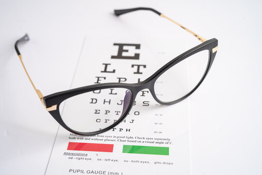 Glasses on eye testing exam chart to check eyesight accuracy of reading.