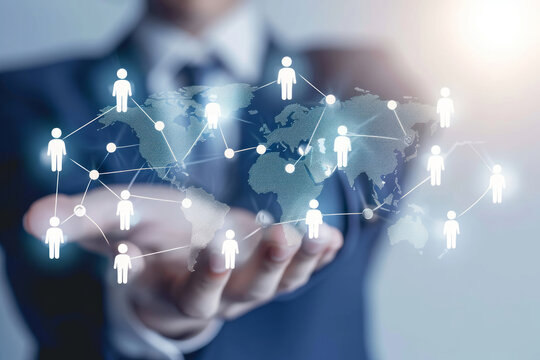 Global structure networking and data exchanges customer connection. Client service, digital marketing and social network