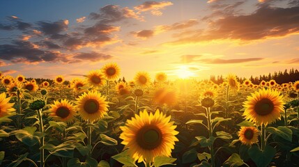 Fototapeta premium Blooming sunflowers, golden heads, turned to the sun, radiant beauty, vitality, fields ablaze. Generated by AI.
