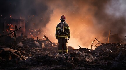 a firefighter standing in front of a pile of rubble with smoke and fire.