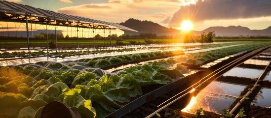 Idyllic sunset over a lush hydroponic vegetable field, a modern agricultural marvel