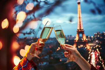 Cheers. Valentine's Day celebration in Paris. Human hands clinking champagne glasses over beautiful view of Parisian landmark in the evening. Concept of holidays, celebration, events, tourism
