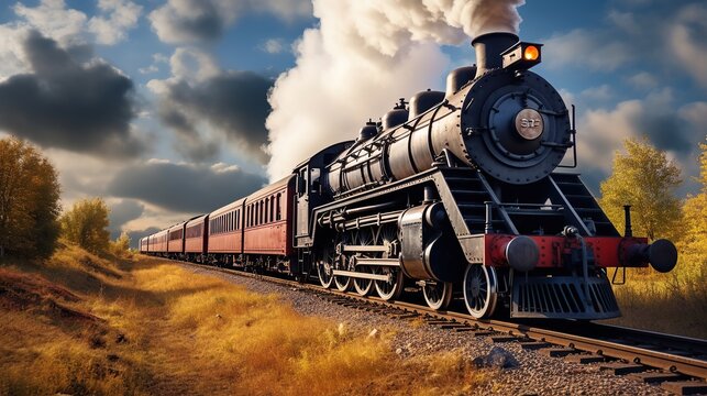 Locomotive. Steam train with white smoke. Steam train on railway track. antique steam train