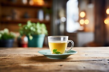 Fototapeta na wymiar steaming cup of green tea on a rustic table