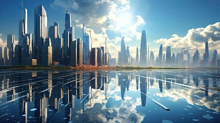 Futuristic cityscape showcasing sleek, towering glass skyscrapers. Modern, innovative, urban skyline, contemporary architecture, metropolitan, futuristic design. Generated by AI.