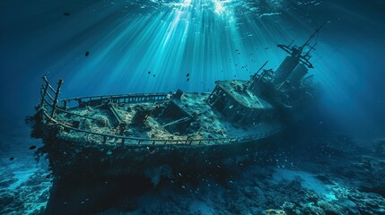 A hauntingly beautiful underwater shipwreck illuminated by dappled sunlight