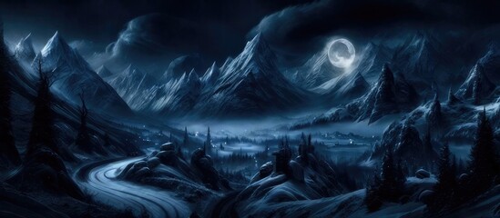 Majestic winter panorama: Snowy mountains under the moon's enchanting glow