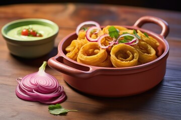 Obraz na płótnie Canvas guacamole in a ceramic dish with red onion rings