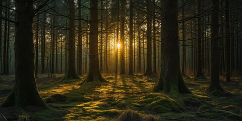 Sunlight between the trees in the forest, Generative AI