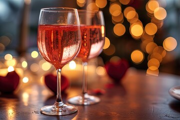 Two champagne glasses with bokeh light background for Valentine's Day