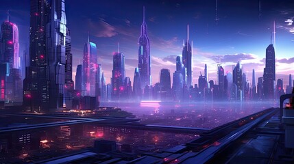 Fototapeta na wymiar Futuristic, vibrant, urban dystopia, neon-lit towers, cyberpunk aesthetics, technological, dystopian ambiance. Generated by AI.