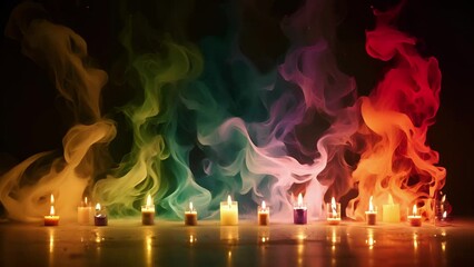 Multiple slowmotion shots of different colored candles being extinguished, each with their own unique smoke patterns.