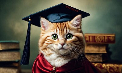 Portrait of a cat in academic clothes. graduation hat on cat.  Generative ai