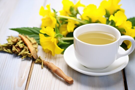 mullein leaves and a hot cup of mullein leaf tea