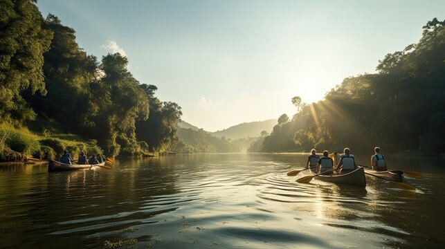 Calm waters, nature exploration, group adventure, paddling experience, scenic beauty, peaceful excursion. Generated by AI.