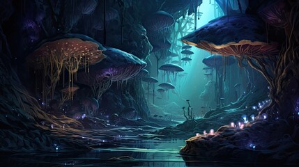 Concealed enclave featuring enchanting bioluminescent mushrooms. Hidden wonder, radiant fungi, subterranean paradise, ethereal glow, mystical charm, natural radiance. Generated by AI. - obrazy, fototapety, plakaty