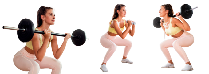 A young woman in sportswear warm-up workout uses fitness equipment dumbbells and squats. The concept of sport. Transparent background, isolated.