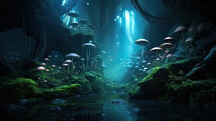 Hidden beauty, glowing fungi, underground refuge, ethereal luminescence, mystical aura, natural allure. Generated by AI.
