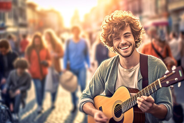 A cheerful young street musician entertains passers-by on a city street by playing a musical instrument. - obrazy, fototapety, plakaty