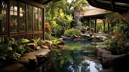 Fototapeta premium Secret haven enveloped by lush tropical foliage. Hidden oasis, abundant greenery, secluded sanctuary, tropical lushness, verdant beauty, natural retreat. Generated by AI.