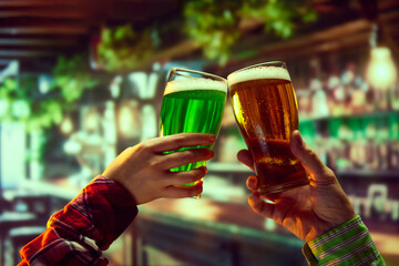 Sports event viewing party advertisement with featured drinks. Human hands cling lager and green...