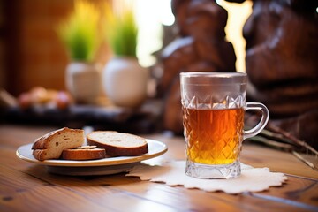 glass of kvass with rye bread on a wooden table - obrazy, fototapety, plakaty