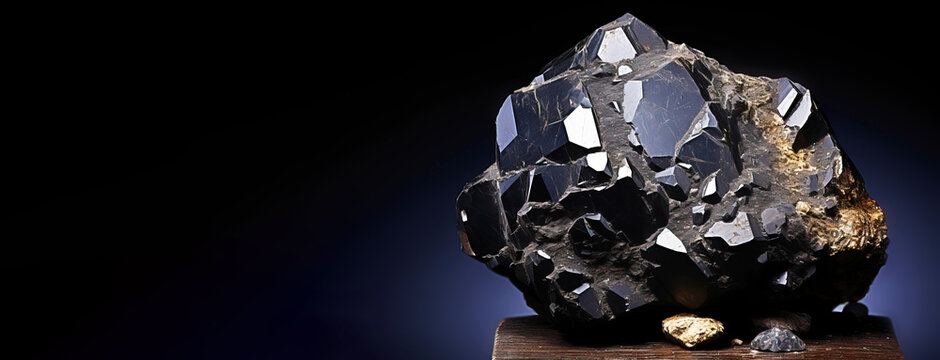 Augite is a rare precious natural stone on a black background. AI generated. Header banner mockup with space.