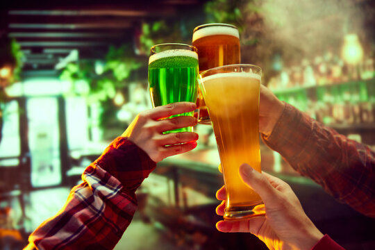 Craft beer festival poster showcasing diverse and unique beer options. Friends meeting in pub, clicking lager, dark and green foamy beer mugs. Cheers. Concept of holidays, celebration, events