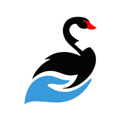Black silhouette swan largest flying bird swim on water cartoon animal design flat vector illustration isolated on white background