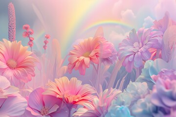Fototapeta na wymiar 3d render style illustration of the rainbows and flowers in style of tripping psychedelic, vibrant pastel colors, glow