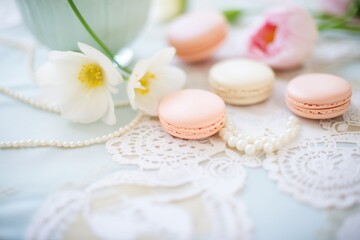 Fototapeta na wymiar macarons and pearls on a lace tablecloth for elegance
