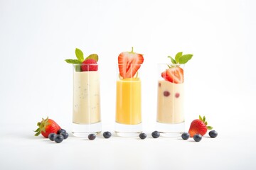 trio of fruit mousses in tall shot glasses on white background