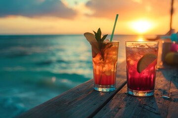 Summer cocktails on luxury tropical beach resort at sunset. Generative AI - obrazy, fototapety, plakaty