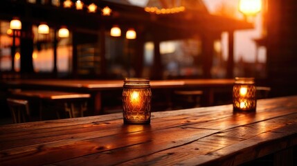 Cafe Coziness: Intimate ambiance with a flickering candle in a glass bottle on a rustic wooden table