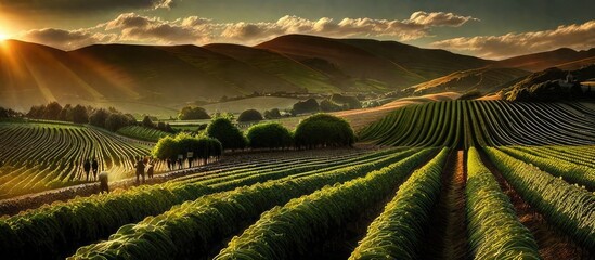 Golden Horizon: Breathtaking sunset casting warm hues over picturesque vineyards - obrazy, fototapety, plakaty
